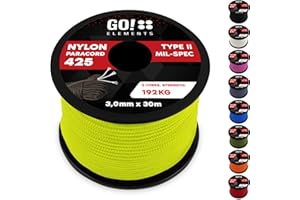 GO!elements Cuerda Paracord de Nylon Resistente al desgarro - 3mm Paracord 425 Tipo II líneas como Cuerda para Exteriores, Cuerda para Todo Uso - línea de Nylon MAX. 192kg