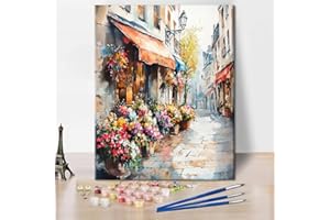 TISHIRON Malowanie według liczb dla dorosłych, Paryż, ulica, kwiaty, akwarela, "zrób to sam", zestaw do malowania według liczb, na płótnie, farby akrylowe i pędzle, idealne do relaksu, kreatywnego hobby lub