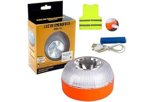 MAGIC SELECT V16 Emergency Light, DGT Approved for Car and Motorcycle Road Signs. Flashing Yellow and Fixed White Light with Automatic Ignition, Magnetic Base and Rechargeable Battery. Reflective vest included.