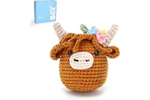 CROCHET BOX Complete Crochet Kit for Beginners - Highland Cow Crochet Kit, Flower Style, Include Video Tutorial, Instruction, Soft Yarn, Birthday Gift