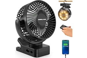 GOBRILLFUN Ventilador Portátil con Clip 6” y Batería 12000mAh, USB Recargable, Luz LED, Control Remoto, 3 Velocidades, Temporizador y Power Bank para Camping, Coche y Furgoneta Camper