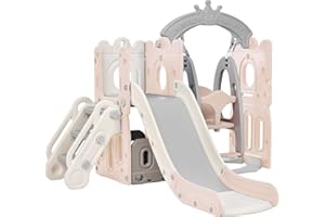 MOGAME Slide & Climbing set, Toys for Kids 5 in 1 Kids Slide Slide with Climbing Storage Swing Basketball Frame Indoor & Outdoor Backyard Baby Slide Set for Children Age 3-6，Pink