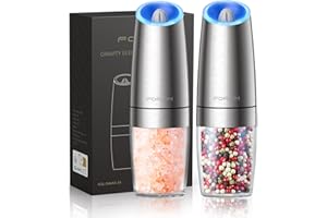 FORLIM Electric Salt and Pepper Grinder Set, 6 Oz Capacity, Battery Operated One-Hand Automatic Gravity, Adjustable Coarseness, with LED Light, 2 Pack, Stainless Steel(Silver)