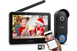 TMEZON Wifi Visiophone sans fil, Interphone Vidéo sans fil Ecran Tactile 7 pouces 1080P, IP55 Sonnette de camera à Batterie rechargeable,Vision Nocturne,PIR Détection de Mouvement,Contrôle Tuya APP