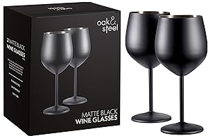 OS OAK & STEEL ENGLAND Oak & Steel - 2 elegantes copas de vino de acero inoxidable negro, 540 ml, juego de regalo de vidrio irrompible, para uso en interiores o exteriores, cumpleaños, fiestas en el jardín, camping y