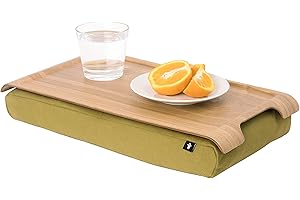 Bosign Laptray with bean bag cushion. Portable Lap desk for Laptop, Breakfast, Dinner. Washable, removable cushion cover. Natural Willow wood. Olive green cushion. MINI (43x23x6,5 cm)