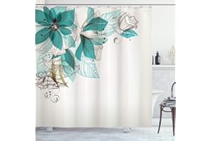 ABAKUHAUS, Turkus, Zasłona prysznicowa, Kwiaty pąki liści w lewym górnym rogu Season Świętuje tematu, Teal Jasnozielony, 175cm x 220cm