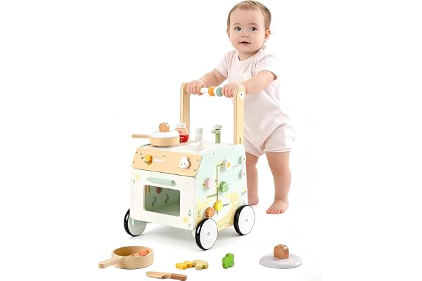 ROBUD Trotteur en bois pour bébé, jouet ajustable avec jeu sensoriel et panier de rangement, contrôle de la hauteur et de la vitesse, jambes en arc, centre d'activité pour les tout-petits 10M-36M