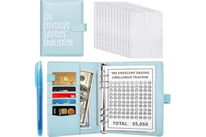 XINRONGDA 100 Envelope Savings Challenge Binder - Raccoglitore da 100 buste - Raccoglitore da buste, raccoglitore di risparmio, libro di bilancio con buste (Blu)