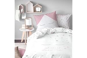 MATT & ROSE Parure de Lit Fille 140x200 cm Sweet Dreams | 100% Coton | Oeko-TEX | Housse de Couette Enfant 140x200 cm + 1 Taie d'oreiller 63x63 cm Imprimées Réversibles | Blanc, Rose