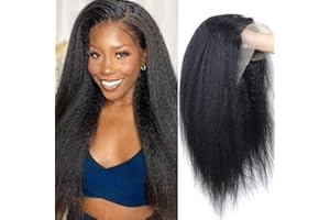 EMOL Kinky Straight T Part Lace Front Wigs Human Hair Brazilian Yaki Straight 13x4x1 Lace Frontal Wigs For Women Human Hair Middle Part Natural Black Human Hair Wigs Pre Plucked With Baby Hair 14 Inch