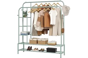 JOISCOPE Perchero Metálico Gran Capacidad, Perchero Doble Varilla Perchero con Estantes 2 Postes de Ropa 2 Capa de Almacenamiento, Burros Percheros de Ropa Resistente, 125.5 * 164.5 Verde