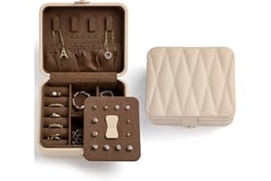 KAMIER Travel Jewelry Box Organizer, Diamond Quilted Leather Jewelry Case with Mirror, Small Portable Jewelry Box for Women, Beige