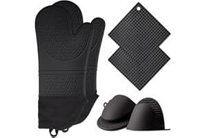 ASCHEF 6in1 Heat Resistant Silicone Oven Gloves+ Pinch Grip Pot Holders+Trivet Set, Non-slip Textured Waterproof Kitchen Mitts w/Soft Inner Lining & XL Hand-safe Sleeve for Baking Cooking Grilling Barbecue