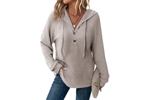 Tanmolo Pullover Damen Hoodie V-Ausschnitt Kapuzenpullover Knopfleiste Leichter Strickpullover Langarm Sweatshirt Tops