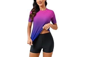 Halcurt Women's Built in Bra Rash Guard UPF 50 Two Piece Swimsuit Shirt and Board Shorts