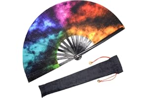 OMyTea Großer Fächer, faltbar, für Damen/Herren, chinesisch, japanisch, Kung Fu Tai Chi, mit Stofftasche, für Show/Dekoration/Tanz/Kampf/Geschenk, buntes Nebula