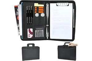 OTYMIOW Portadocumenti Cartella Nera Pelle A4 Cartellina da Ufficio Raccoglitore ad Anelli Valigetta Portadocumenti con Cerniera, Chiusura Lampo, con Manici, Anelli, in Ufficio, Porta Blocco Appunti