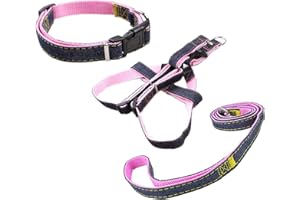 Newtensina Mode Hundegeschirr Halsband und Leine Set Bequemer Jeansstoff Welpengeschirr Kragen mit Leine für Hunde - Pink - S