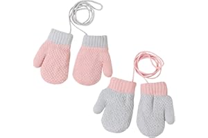 Mayoii 2 Pairs Toddler Mittens Winter Knitted Baby Mittens with String, Warm Fleece Lined Toddler Gloves Age 1-3 for Boys Girls, Anti-Lost Full Finger Gloves for Cold Weather