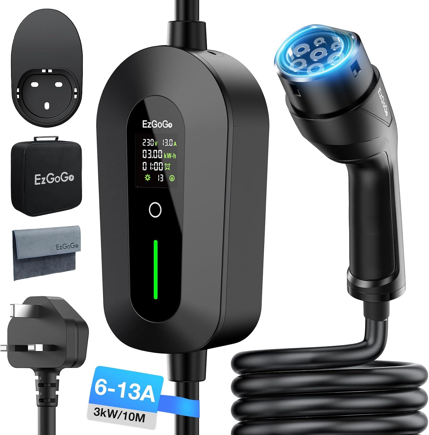 EzGoGo EV Charger Cable Type 2 to 3 Pin Plug 32.81Ft/10M Electric Car Charger 3kW, [6/8/10/13A] Type 2 Charging Cable 3 Pin EV Charger IP65 Advanced Protection Suitable for EVs & PHEVs