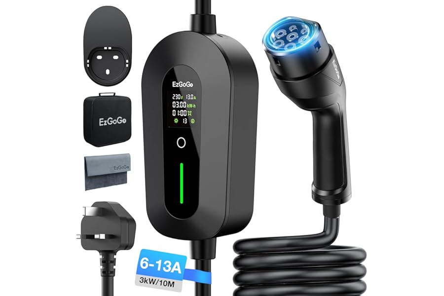 EzGoGo EV Charger Cable Type 2 to 3 Pin Plug 32.81Ft/10M Electric Car Charger 3kW, [6/8/10/13A] Type 2 Charging Cable 3 Pin EV Charger IP65 Advanced Protection Suitable for EVs & PHEVs