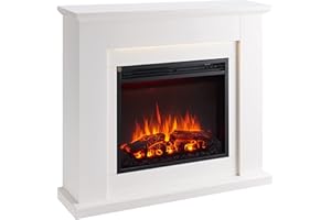 CrownFlame Hektor Camino Elettrico da terra,Caminetto Elettrico con Riscaldamento 1000/2000 W, Effetto Fiamma realistico in 3D, Illuminazione LED, Controllo remoto, Timer, Termostato - bianco