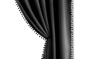Abstractex Pom Pom Blackout Black Curtains 54 Inch Long for Children Kids Room Eyelet Thermal Insulated Cute Panels for Boys Men’s Bedroom Nursery Small Laundry Basement 54" W 2 Panels