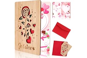 DPKOW Je t'aime Carte en Bois avec Enveloppe, Je t'aime Carte de Voeux pour Saint Valentin Femme Cadeau, Carte pour Lui Elle Mariage Anniversaire Noël, Carte de Fêtes des Mères Couple Amoureux