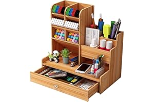 Hggzeg Organiseur de bureau en bois à monter soi-même, grande capacité, boîte de rangement avec tiroir pour la maison, le bureau et l'école (B17 couleur cerisier)