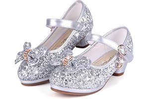 KUWIBY Girl Sandals Glitter Princess Shoes Sequin Party Shoes Bling Bowknot High Heels Wedding Birthday Dress Shoes Comfort Bright Diamond Cosplay Dance Shoes for Little Girls Pink Silver Blue Purple White