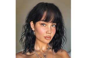 PORSMEER Parrucca da donna Bob spalla lunghezza onda riccia wig con frangia capelli sintetici naturali neri wig, anime cosplay halloween wigs 14 pollici (nero)