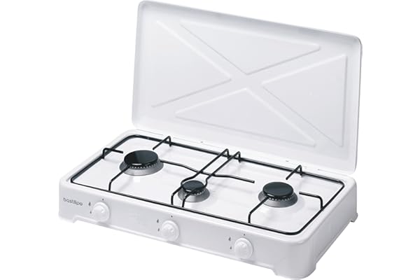Cocina de gas esmaltada, 3 fuegos, color blanco, quemadores desmontables,tapa protectora - Modelo: CG-300