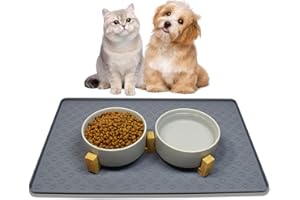 Nesirooh Ciotole per Cani Gatti Ceramica, Doppia Ciotola per Acqua e Cibo con Supporto in Bambù e Tappetino Antiscivolo per Gatti e Cani di Piccola Taglia (400ml, 2 Grigio)