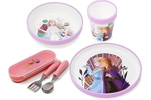 damaloo Geschirrset & Besteck Kinder passend für Frozen Fans - rutschfest & BPA frei - Anna und Elsa Geschirr Set - Eiskönigin Baby Geschirrset Mädchen & Kinderbesteck