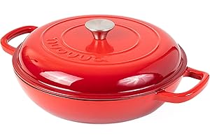 Shallow Cast Iron Casserole with Lid – Non Stick Dutch Oven Pot, Oven Safe up to 500° F – Sturdy Ovenproof Stockpot Cookware – Enamelled Cooking Pot – Red, 3.7-Quart, 30cm – by Nuovva
