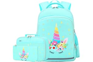 Vanwilit Girls School Backpack Unicorn Backpack Water Resistant Lightweight Primary School Bag Set with Lunch Bag & Pencil Case 3 in 1 Kids Bookbag Casual Daypack (Green Unicorn)