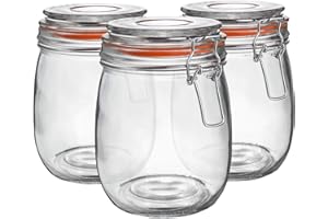 Argon Tableware Glass Jars with Airtight Metal Clip Lid - 750ml/26.4oz - 3 Pack - 4 Colour Seals - Medium Kitchen Storage Container Round Preserving Jar for Pickling, Chutney, Jam, Coffee