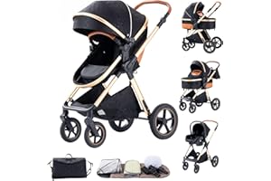 BEBBY Multifunzionale Carrozzina Passeggino Trio Combinazione Passeggino 3 in 1 Passeggino Ovetto Pieghevole Set Passeggino Neonato Sedili Parapiedi Zanzariere H2-BLACK