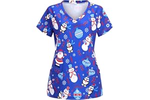 thuthu Weihnachten Kasacks Damen Pflege Bunt Motiv Kittel Damen Berufskleidung Kurzarm V-Ausschnitt Krankenschwester Kostüm Mit Taschen Laborkittel Berufsbekleidung Damen - Kasack - Tunika