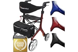 ‎BESCOMEDICAL Besco Medical Carbon Rollator ultraleicht 5,8 kg - faltbar, höhenverstellbar, mit Sitz - Premium Gehhilfe mit Rückengurt, Netztasche, Stockhalter - Modell M Bordeauxrot