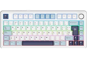 EPOMAKER Aula F75 ISO-ES Teclado Mecánico Español con Perilla, Teclado Inalámbrico Gaming, BT/2.4G/USB, Gasket Cremoso, Retroiluminación RGB, Hot-Swap, 75%, PBT Keycap (Azul Blanco)
