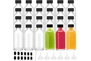 YBCPACK 24 Pack 60ml Glass Shot Bottles with Lids, Small Ginger Bottles for Juice, Essential Oil, Clear Miniature Alcohol Bottles Refillable with 8 Mini Funnels, 12 Chalk Labels and 1 Pen