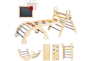 BlueWood 7 en 1 Triangle d'escalade Montessori Enfants, Arc d'escalade Montessori en Bois Hêtre avec Toboggan & Échelle, Charge 50KG, pour Tout-Petits Bébé 1 Ans+(Arc-en-Ciel)