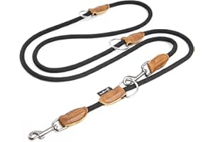 Rudelkönig Dog Lead with Leather Caps (2m) - regulowana długość - mocna smycz w kolorze czarnym - wysokiej jakości smycz treningowa