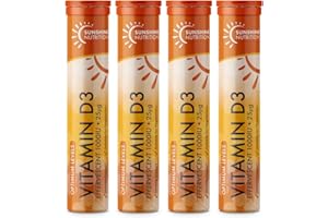 Sunshine Nutrition Vitamin D Effervescent Tablets - Dissolvable High Strength Vitamin D3-20 Vitamins Per Tube (4 Pack)