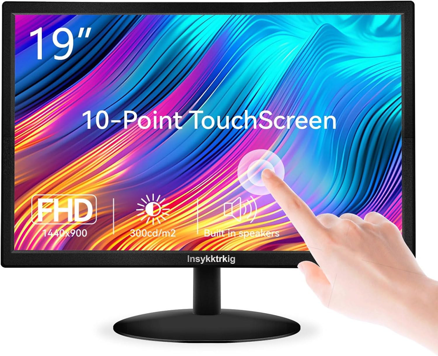 Insykktrkig Touchscreen Monitor 19 Inch FHD 1440 x 900 Multi-Touch Screen Dual Speakers HDMI VGA Type-B 60Hz,VESA,Brightness 300cd/m²,Tilt Adjust,PC Desktop Laptop Computer Windows Touch Display