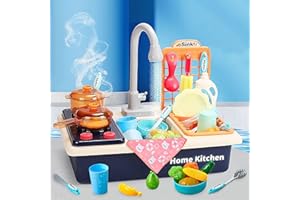 NUKIED Fregadero de Juguete de Cocina con Agua Corriente|Accesorios Incluidos Cocina | Cacerola | Estufa Comida|Vajilla de Colores Brillantes Accesorios|Regalo para Niñas y Niños（Azul）