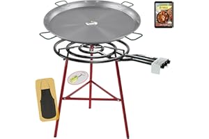 COMBOI Kit brûleur à paella gaz butane 70 cm, poêle à paella en acier poli 90 cm, support pieds renforcés, niveau, tablier, livre de recettes numérique