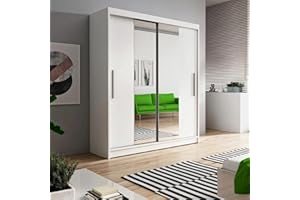 CHECO HOME AND GARDEN BETA Modern Sliding Door Wardrobe 2 Colours, 2 Sizes 120/150 cm with Mirror - 2 Doors Modern Style (C: White, 150 cm)